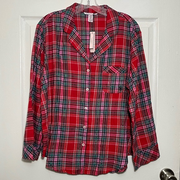 NWT VICTORIA’S SECRET Red Gold Plaid PJ Button Down Sleepwear Top | size Medium - Picture 1 of 8